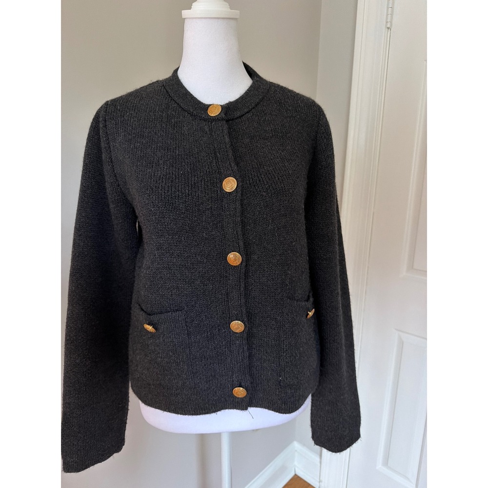 Zara Women Charcoal Grey Knit Cardigan Gold Crest Buttons Size Large Pocketed